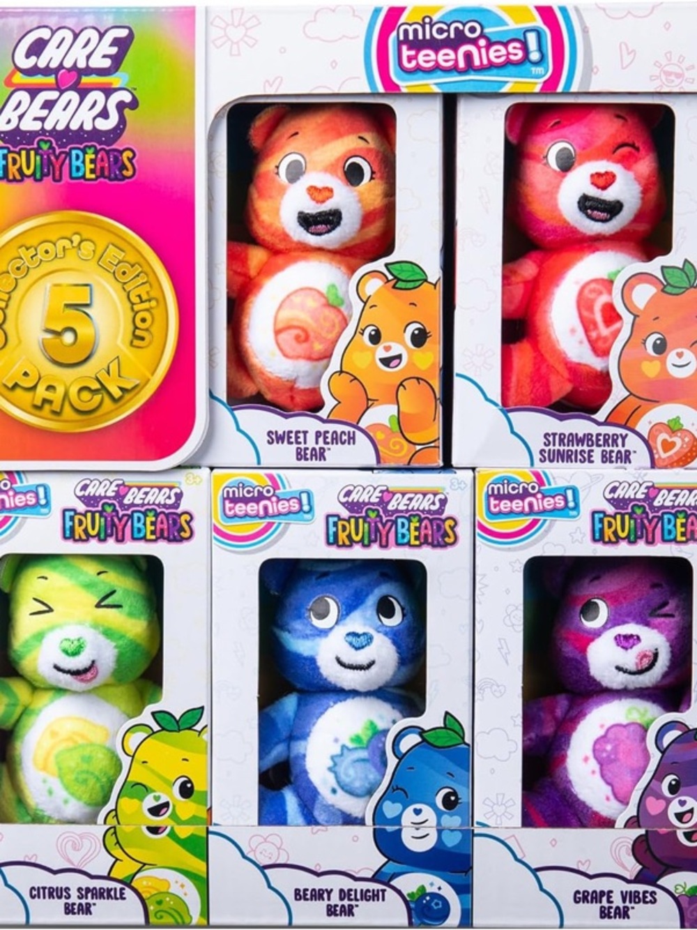 🆕 -Care Bears Fruity Bears Micro Teenies 5-Pack Plush Toy Set - Multicolor